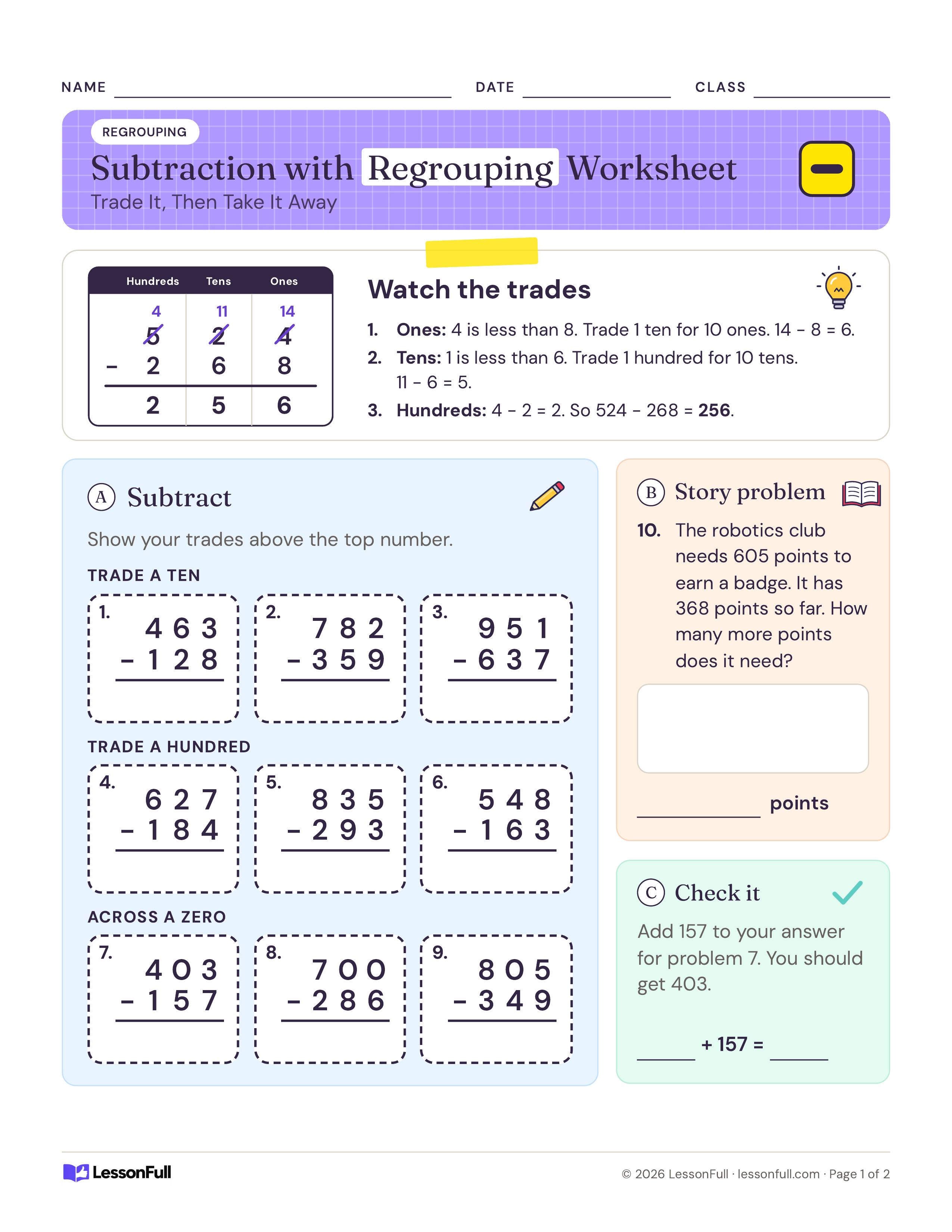 Subtraction with Regrouping Worksheet: a place value chart showing the trades in 524 − 268, nine three-digit subtraction boxes, a story problem and a check