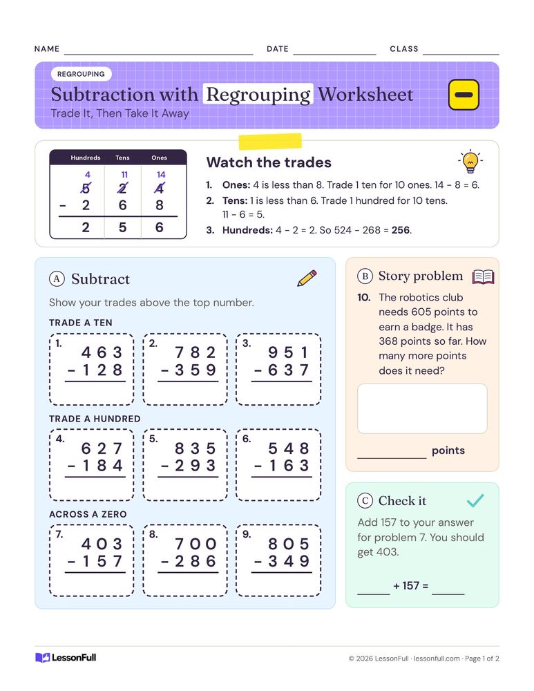 Subtraction with Regrouping Worksheet — math worksheet for grades 2–3