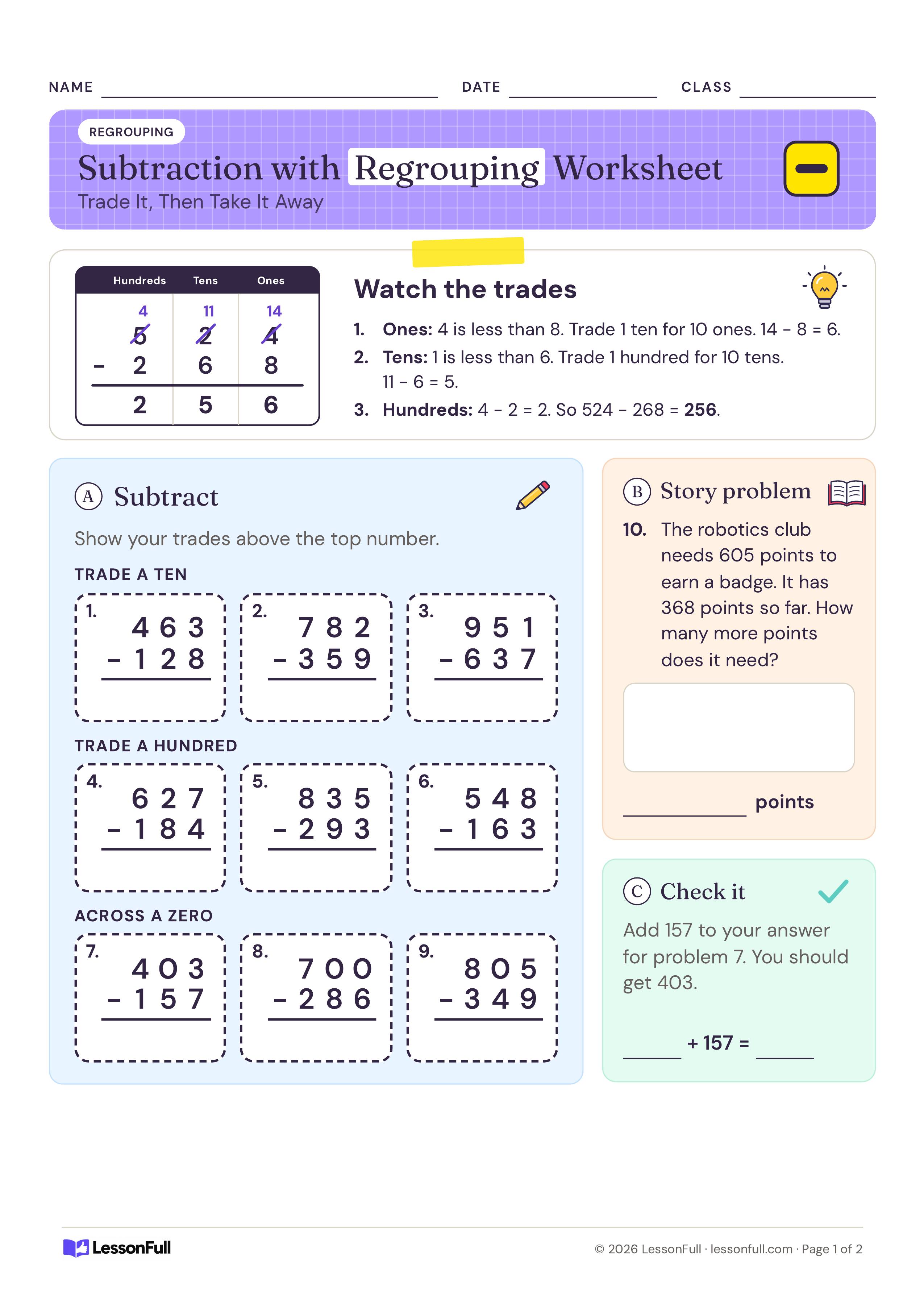 Subtraction with Regrouping Worksheet: a place value chart showing the trades in 524 − 268, nine three-digit subtraction boxes, a story problem and a check