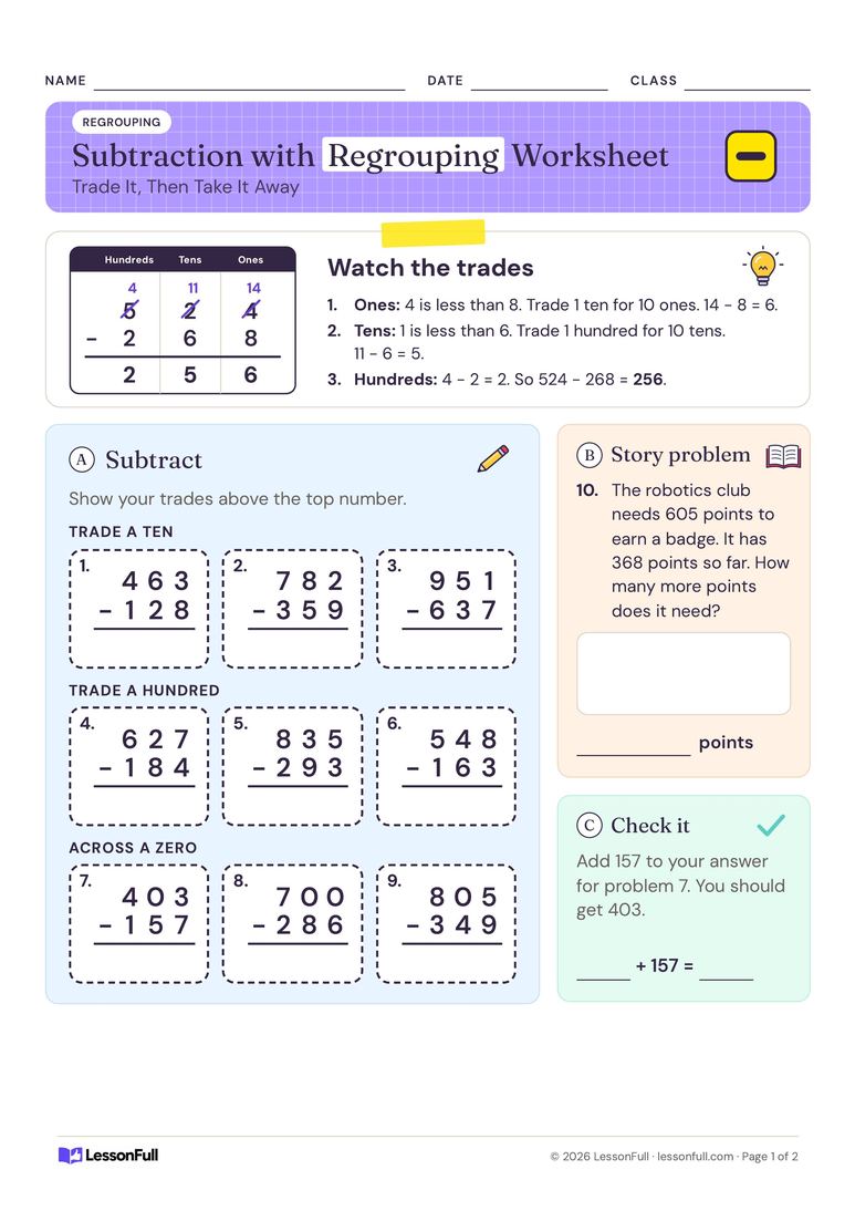 Subtraction with Regrouping Worksheet — maths worksheet for years 2–3