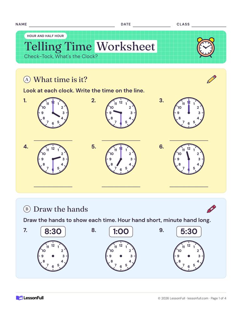 Telling Time Worksheet — math worksheet for grades 1–3