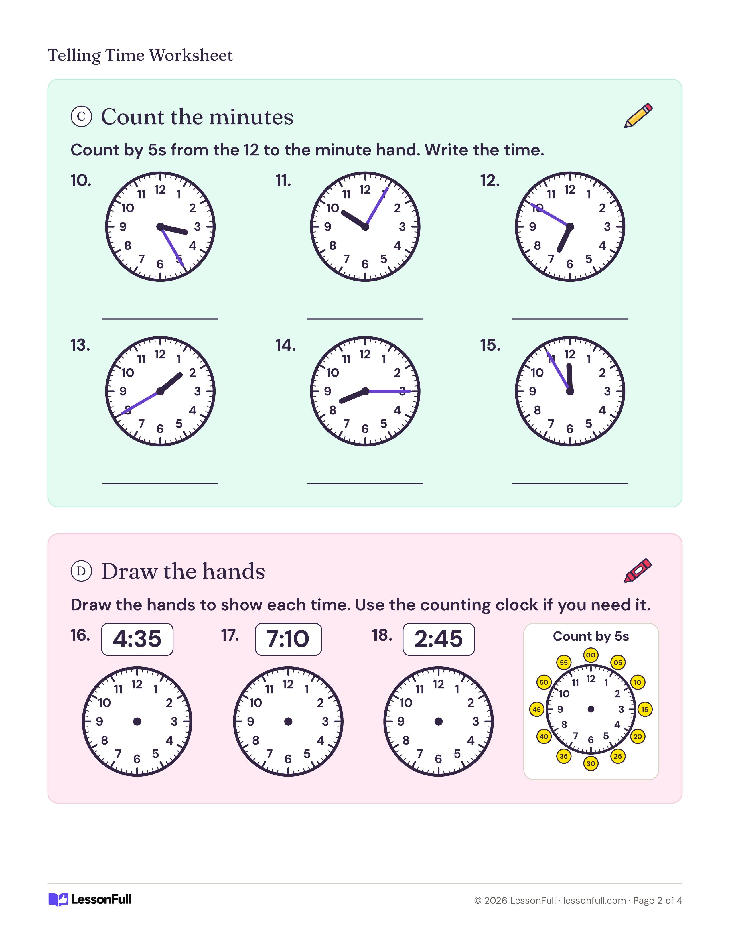 Telling Time Worksheet: six clocks for counting minutes by fives, three blank faces to draw hands on and a count-by-5s helper clock