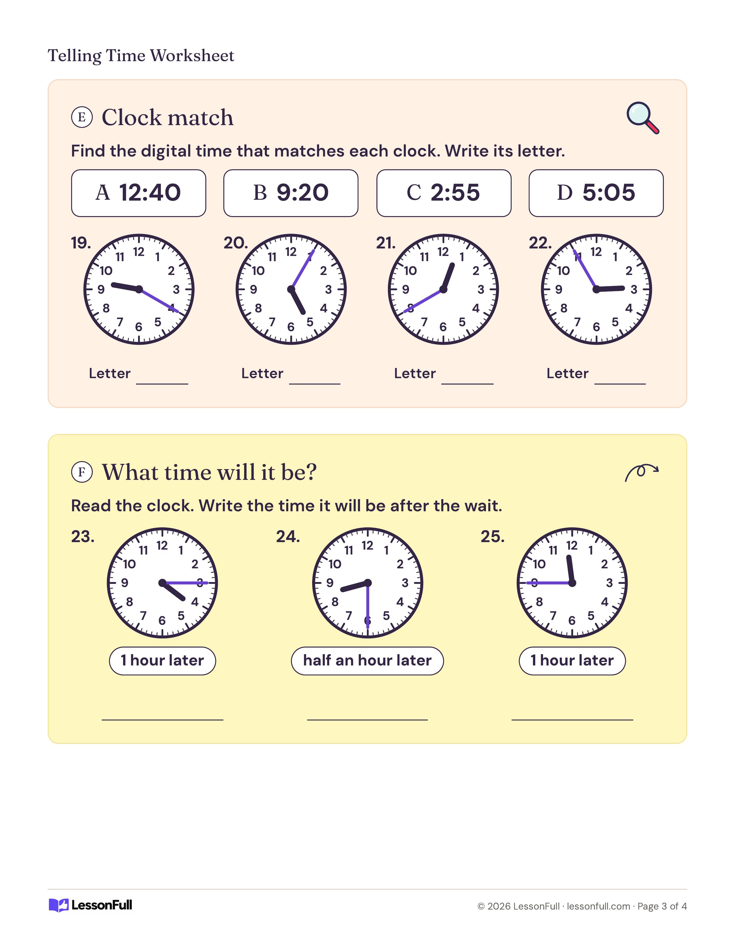 Telling Time Worksheet: four clocks to match with digital times A to D, and three clocks with elapsed time tags such as 1 hour later