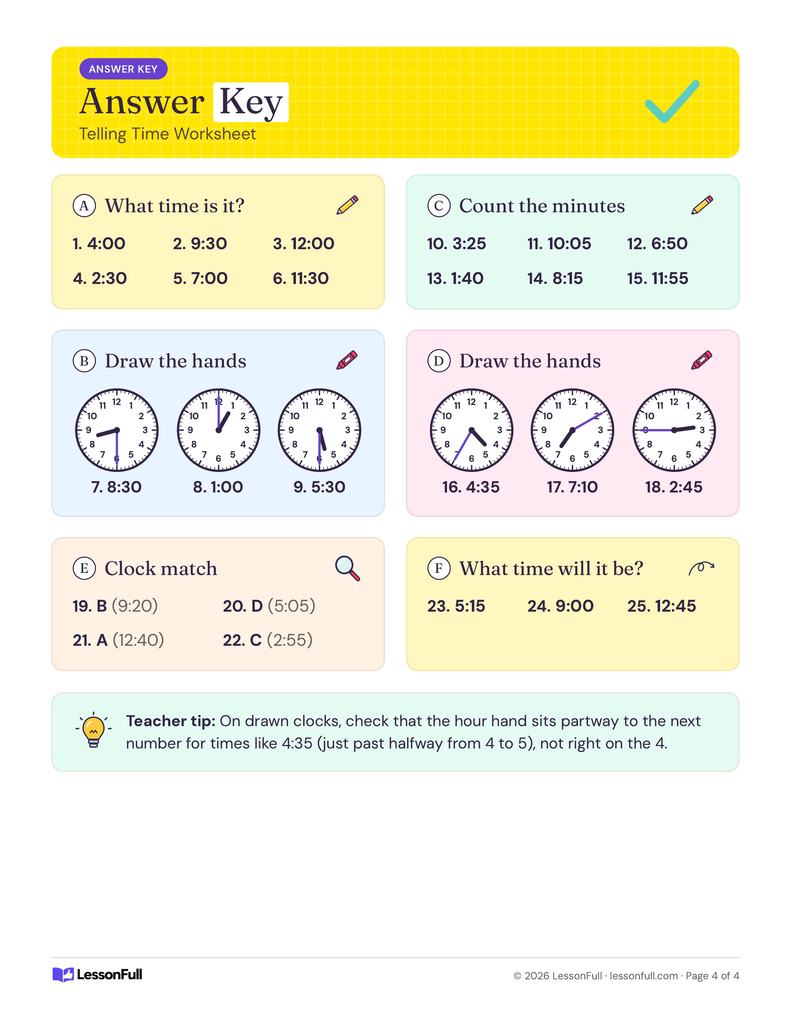 Telling Time Worksheet: answer key listing every written time, filled-in clocks for the draw-the-hands tasks, clock matches and a teacher tip
