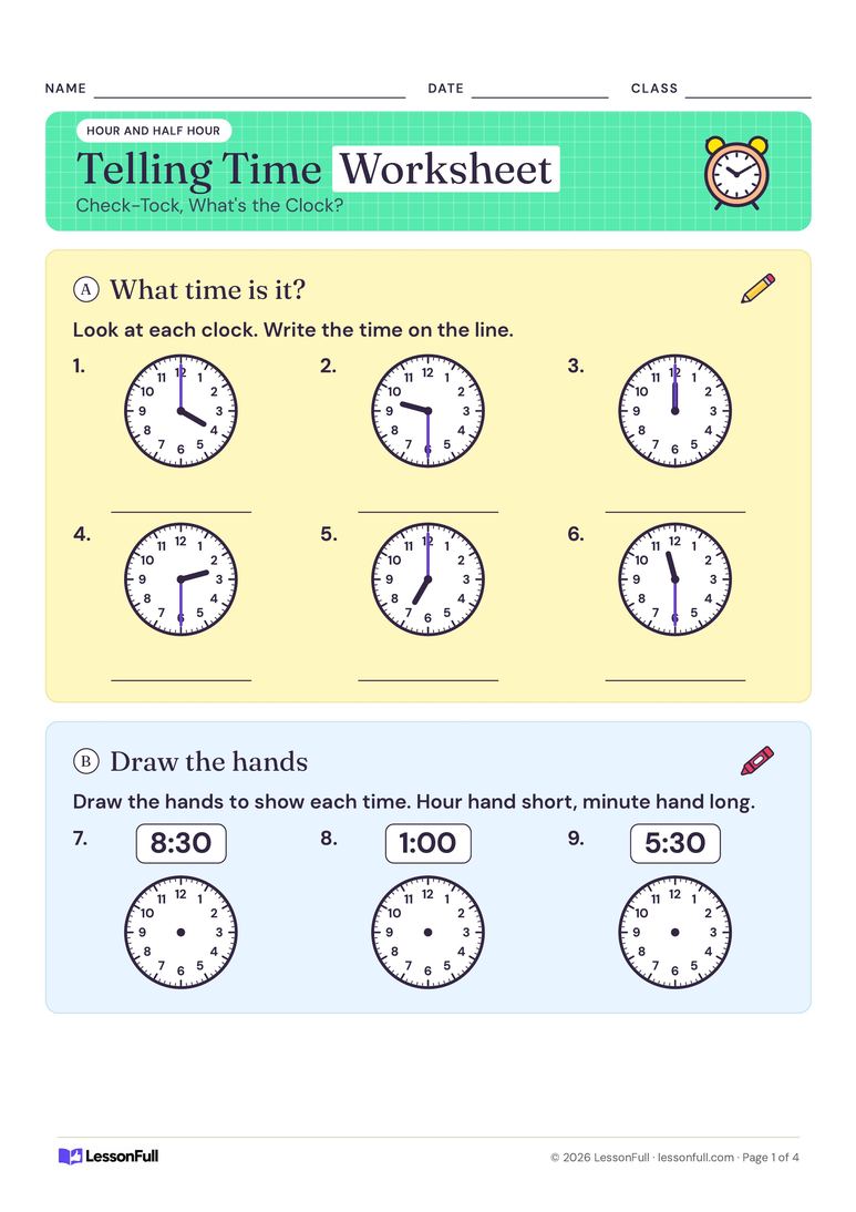 Telling Time Worksheet — maths worksheet for years 1–3