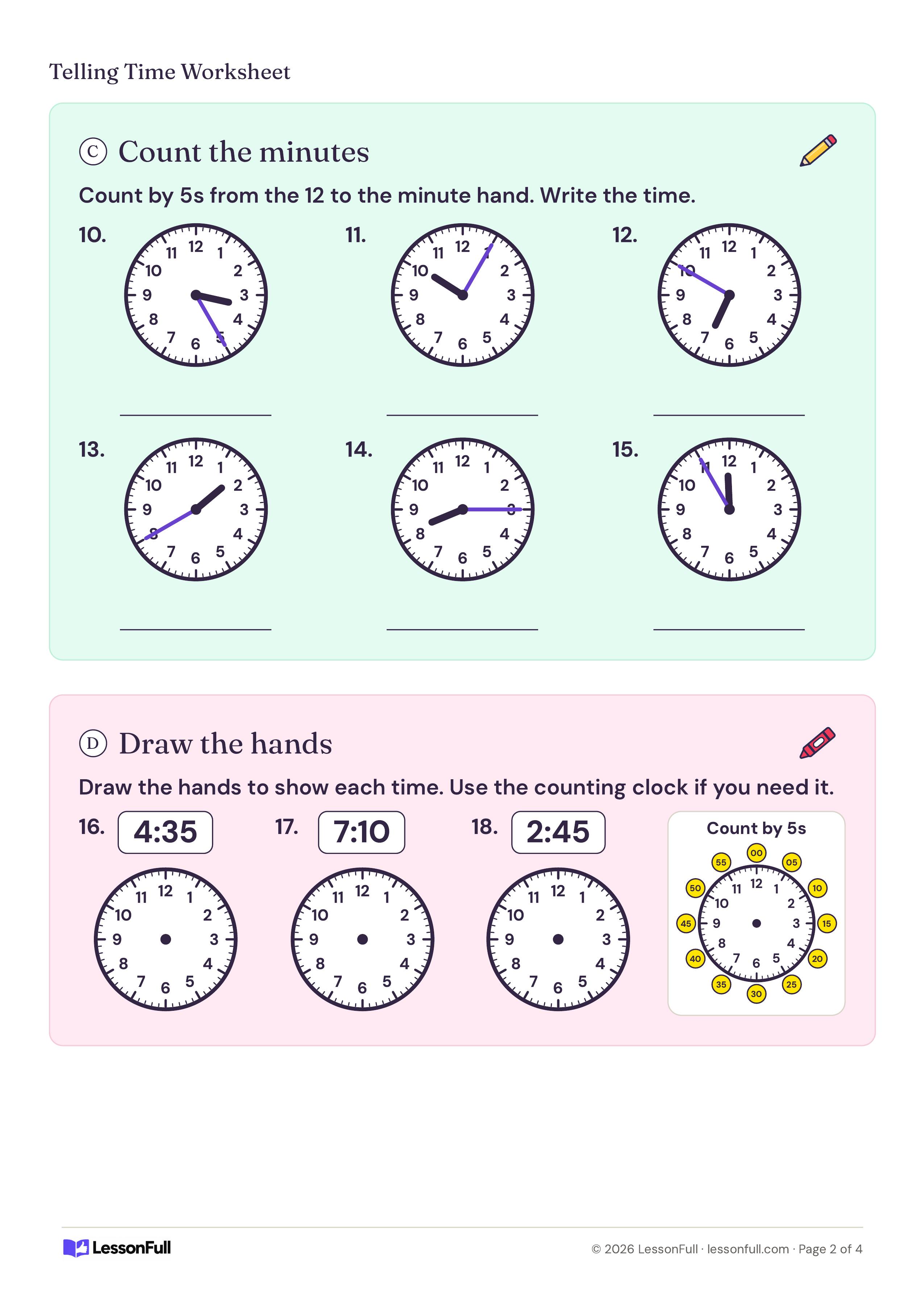 Telling Time Worksheet: six clocks for counting minutes by fives, three blank faces to draw hands on and a count-by-5s helper clock