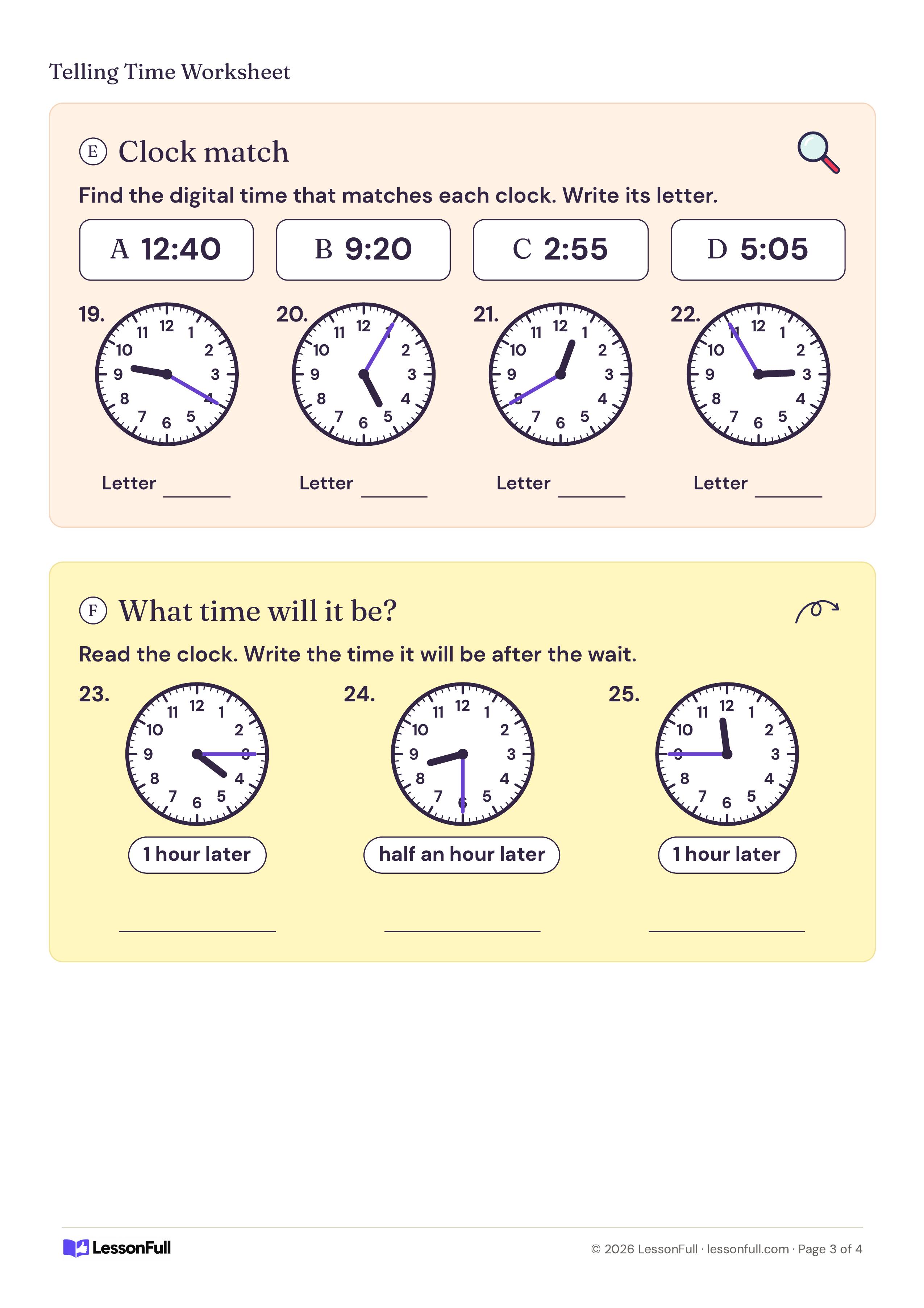Telling Time Worksheet: four clocks to match with digital times A to D, and three clocks with elapsed time tags such as 1 hour later