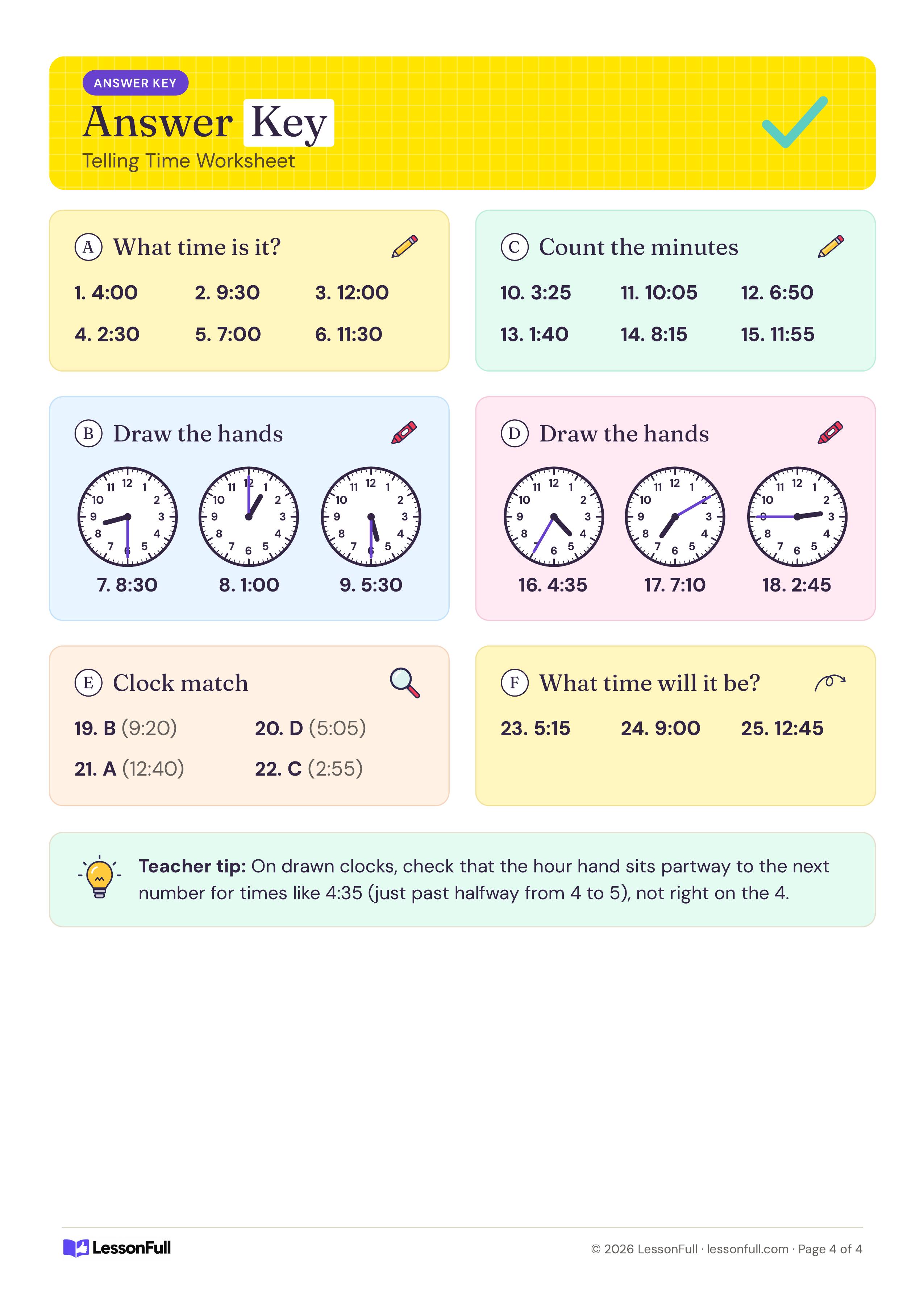 Telling Time Worksheet: answer key listing every written time, filled-in clocks for the draw-the-hands tasks, clock matches and a teacher tip