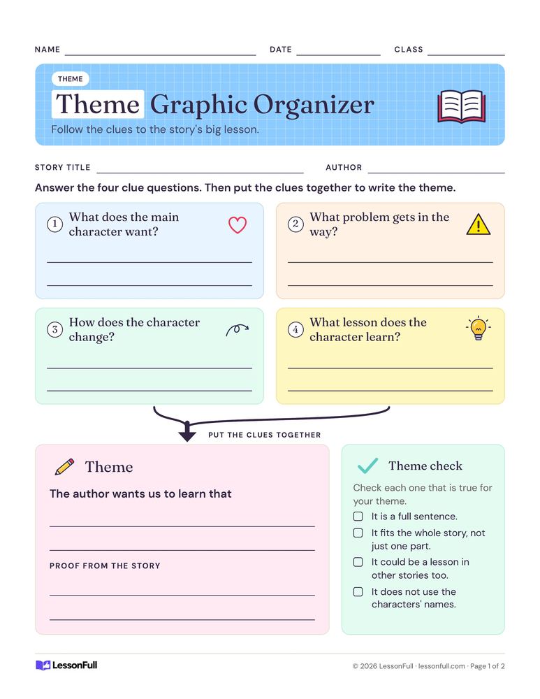 Theme Graphic Organizer — language arts worksheet for grades 3–5