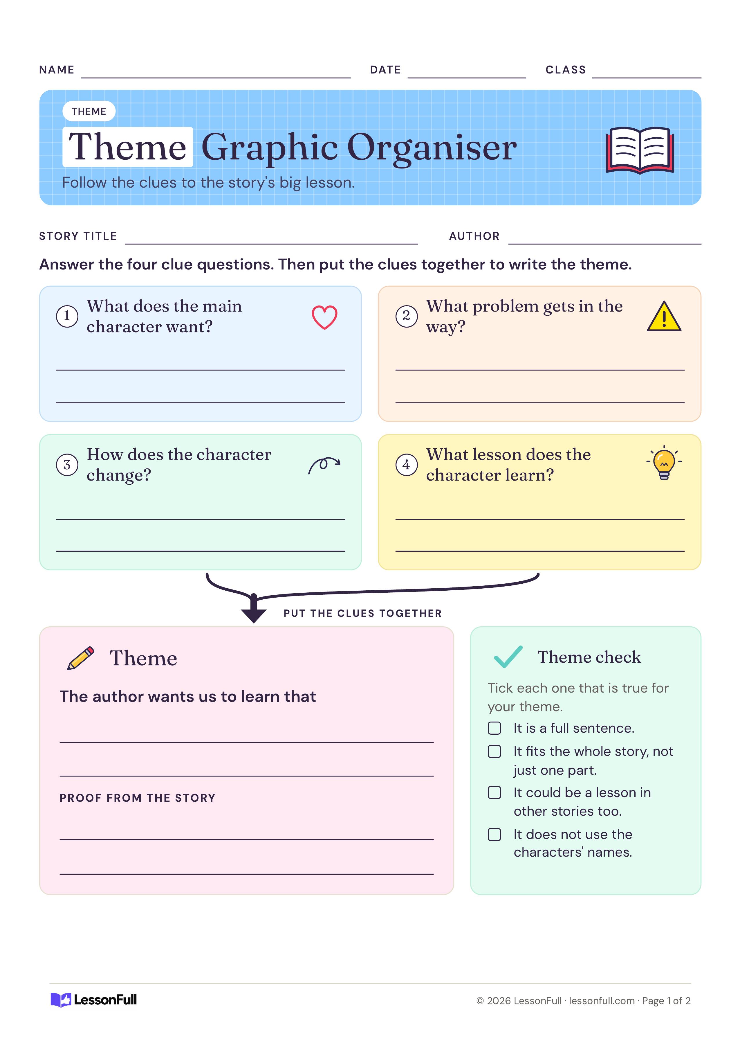 Theme Graphic Organiser: blank story title and author lines, four clue boxes with icons and an arrow to a theme box with a four-item check