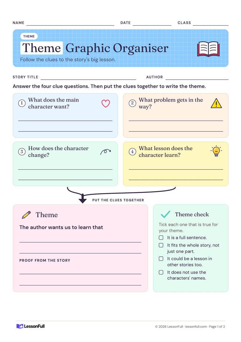 Theme Graphic Organiser — English worksheet for years 3–5